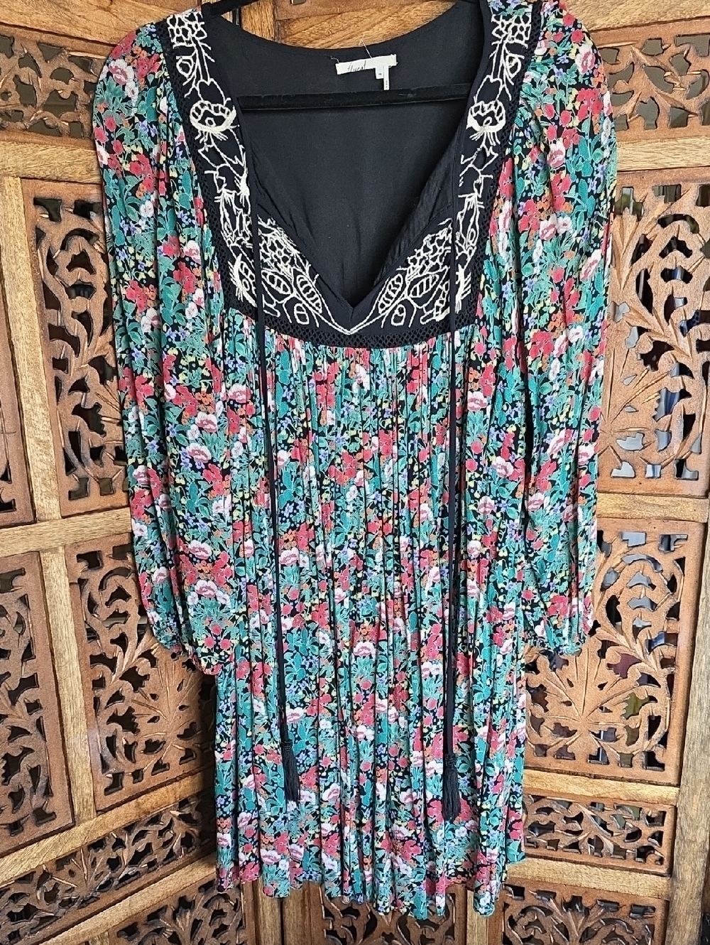 Floreat Floral Boho Tunic Dress | Embroidered Panel | XS